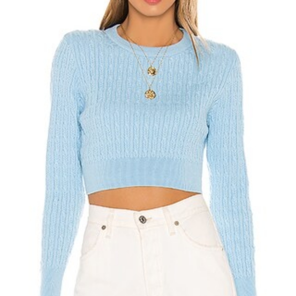 Revolve LPA Poppy Cable Knit Padded Shoulder Wool Blend Blue Cropped Sweater
